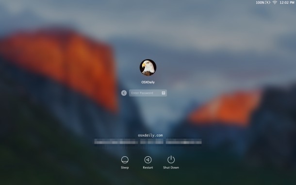 Uno screenshot della schermata di accesso su un Mac con OS X El Capitan