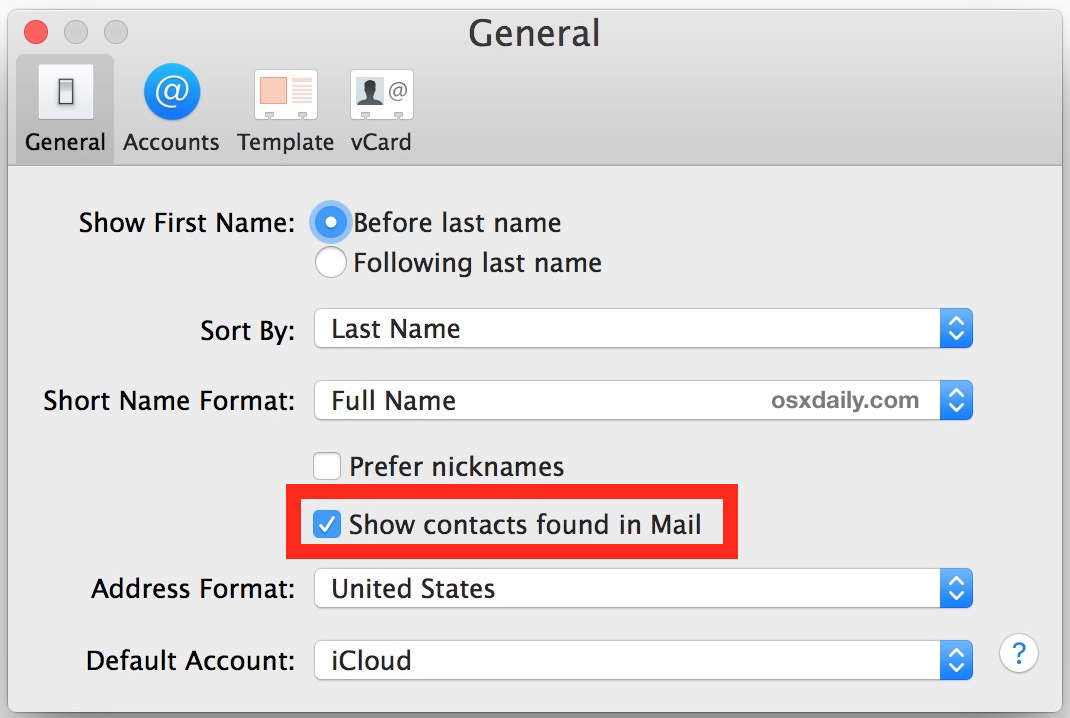 Disattiva i contatti trovati in Mail in Mac OS X.