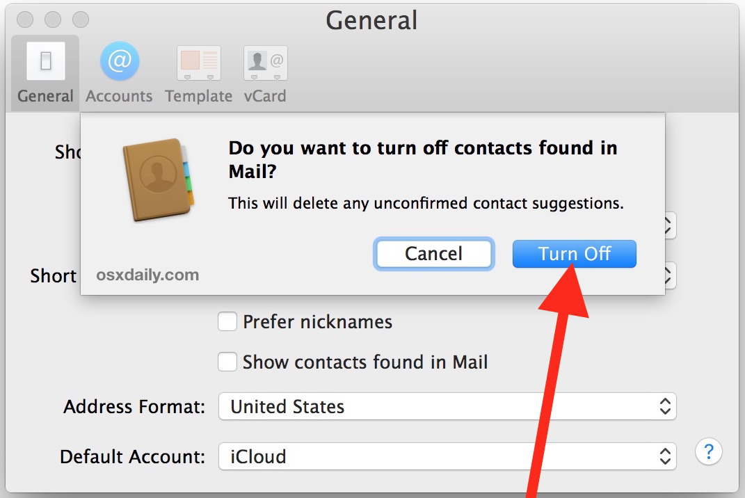 Conferma per disabilitare i suggerimenti dei contatti come trovato in Mail per Mac OS X.