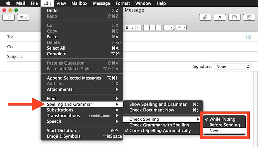 Disattiva il controllo ortografico nell'app Mail per Mac OS X