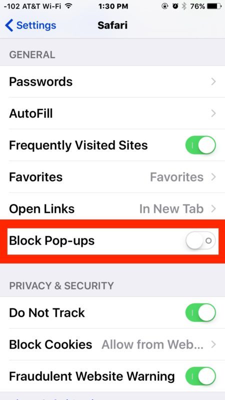 Abilita o Disabilita il blocco pop-up di Safari in iOS