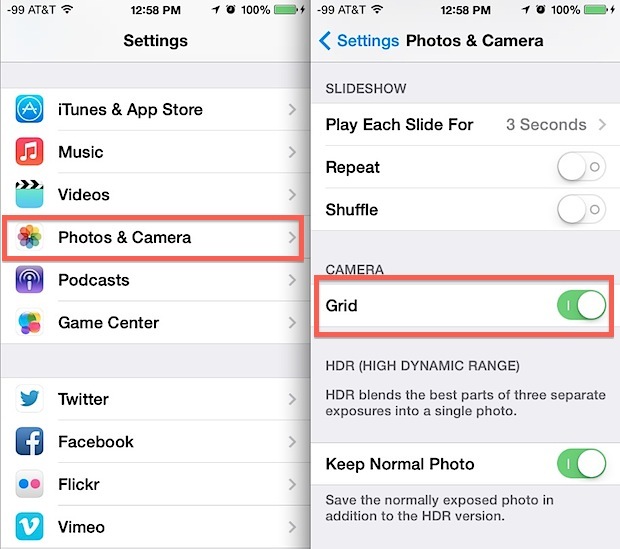 Attivare o disattivare la griglia della videocamera in iOS 7