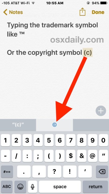 Digita il marchio o il simbolo del copyright su iPhone