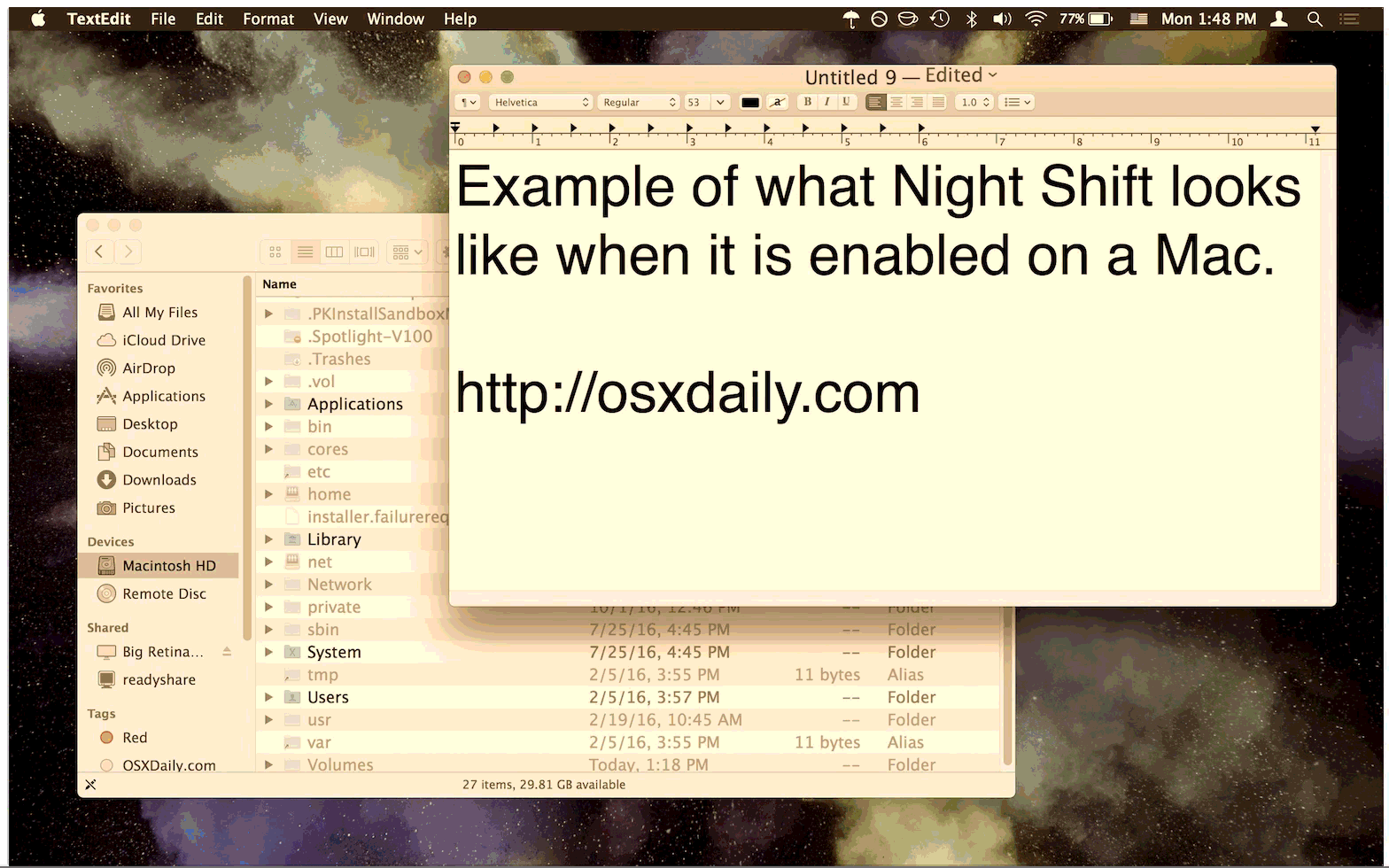 Night Shift on e Night Shift off mockup su Mac