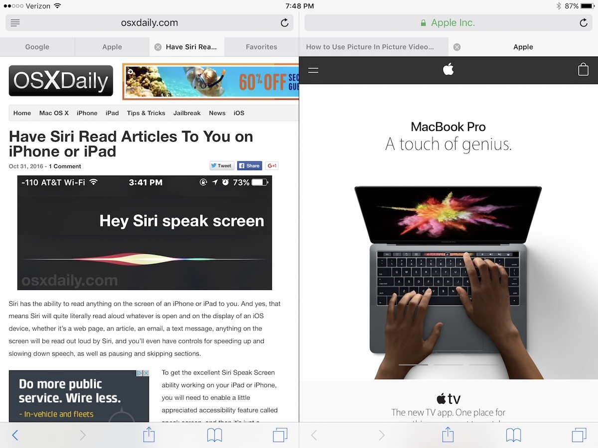 Vista divisa per iPad Safari