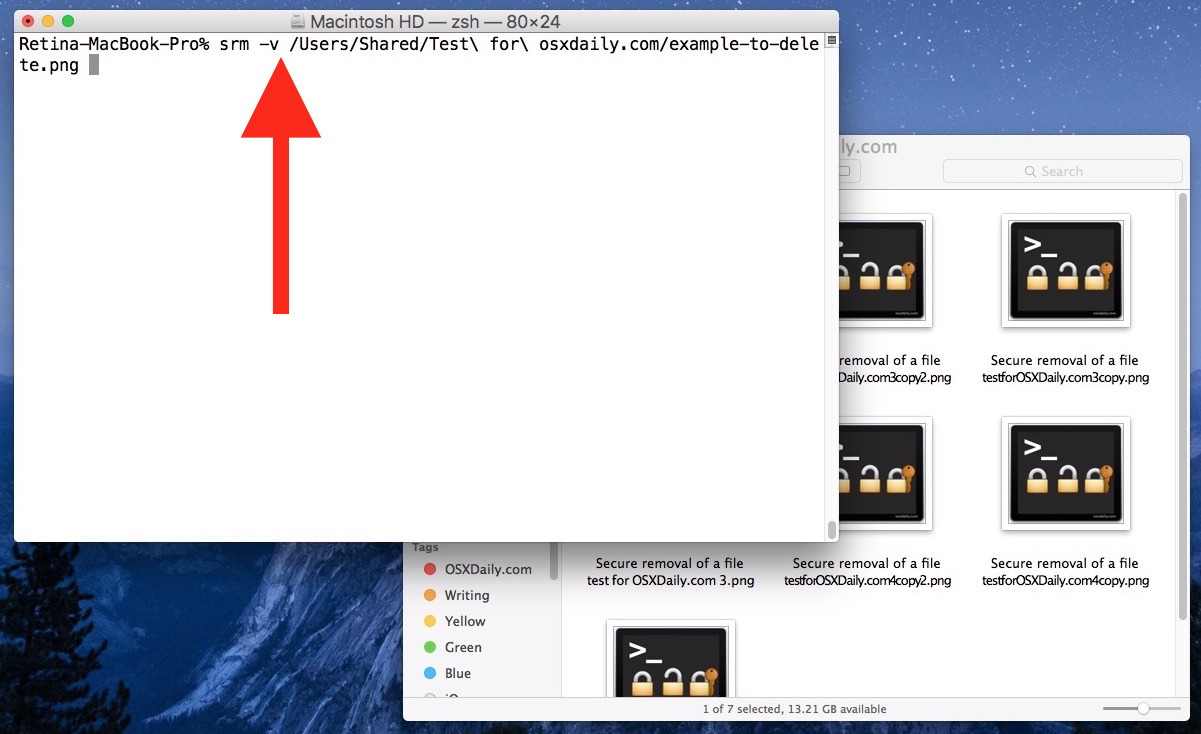 Equivalente Secure Trash vuoto in OS X El Capitan dimostrato con comando srm