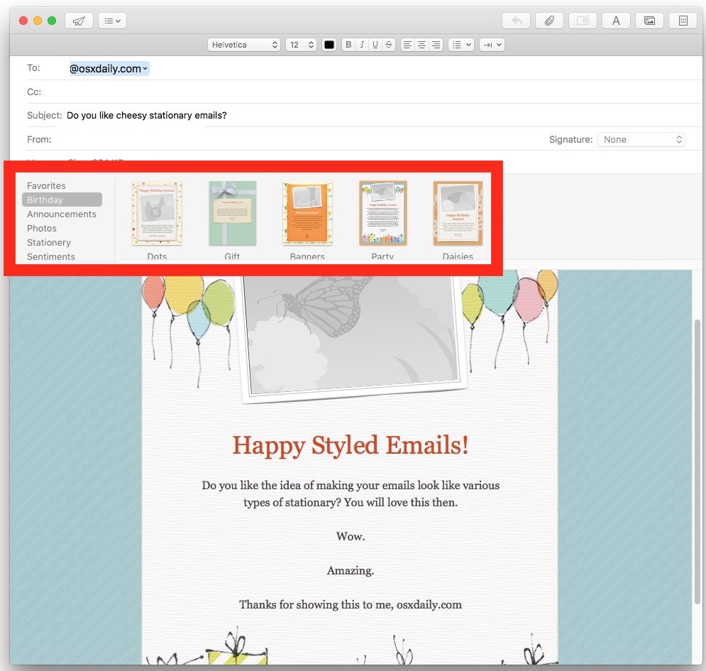 Email personali con Sfoglia attraverso elementi decorativi in ​​Mail per Mac