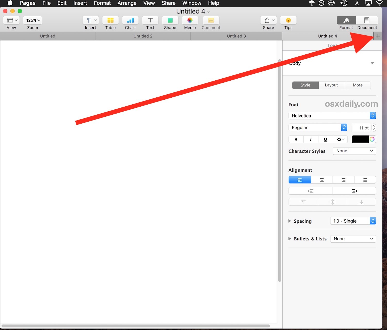 Crea una nuova scheda in Pages per Mac
