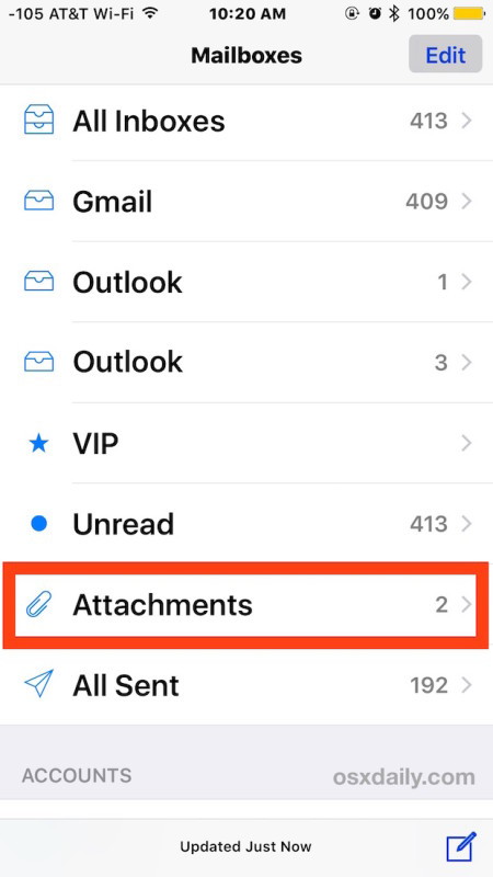 La Posta in arrivo allegati in Mail per iOS ordina e mostra solo e-mail con allegati