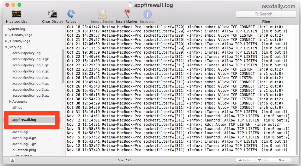 Visualizza il registro del firewall dell'applicazione in Mac OS X con l'app Console