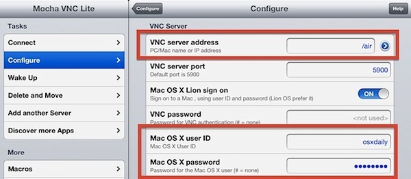 Configurazione VNC per connettere iOS a Mac