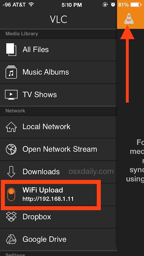Abilita funzionalità di upload video VLC Wi-Fi in iOS