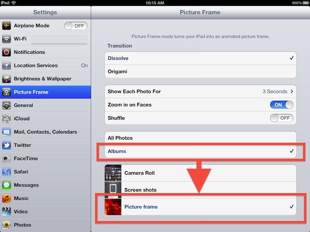 Seleziona l'album della cornice per iPad