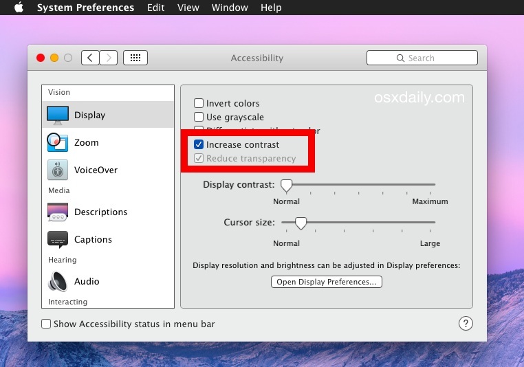 Aumentare il contrasto degli elementi dell'interfaccia utente in OS X Yosemite