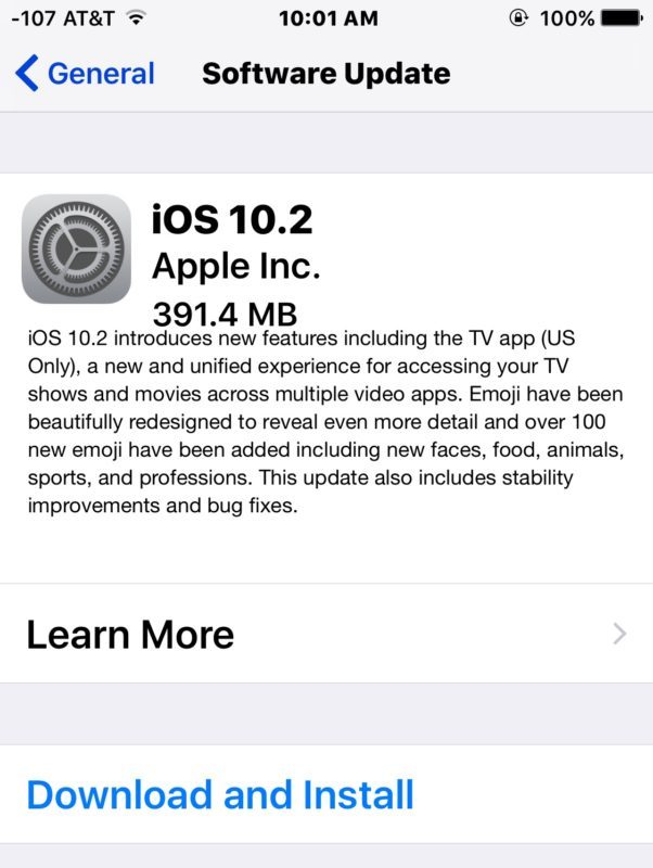 Download dell'aggiornamento per iOS 10.2 disponibile per l'installazione