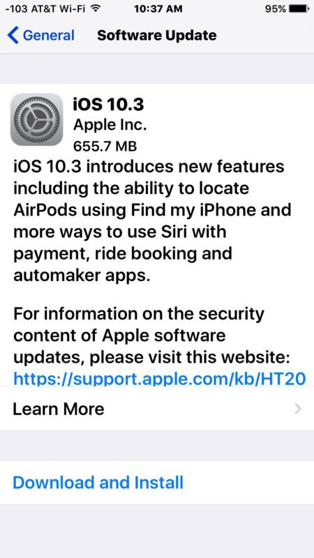 Download dell'aggiornamento iOS 10.3
