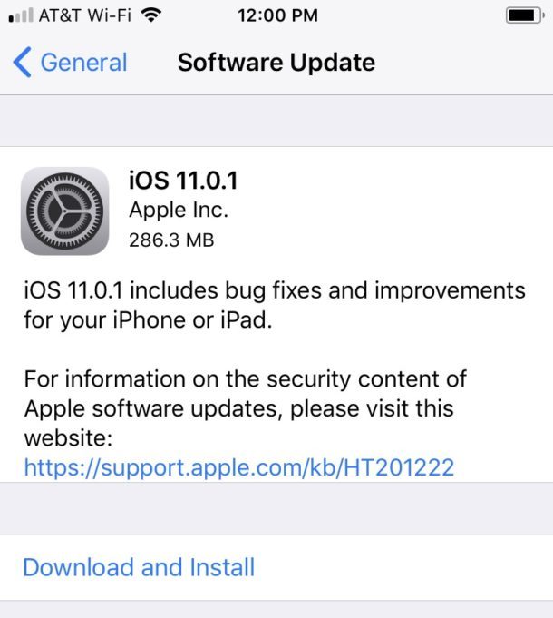 Aggiornamento e download di iOS 11.0.1