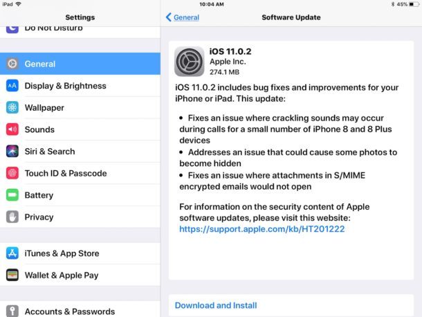 scarica e installa l'aggiornamento di iOS 11.0.2