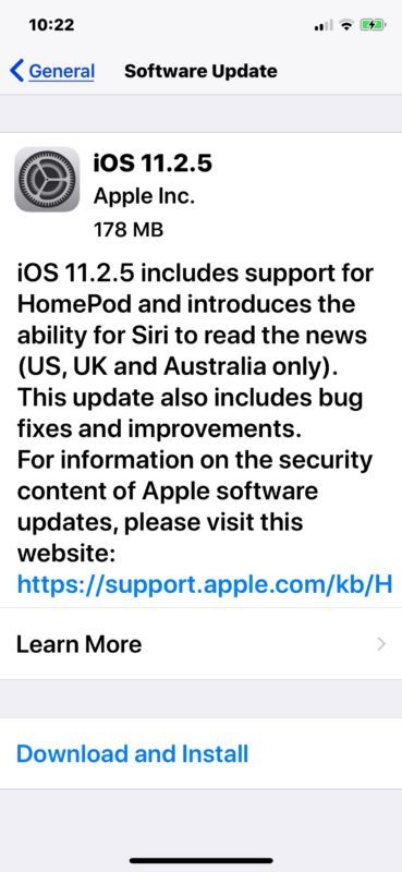 Schermata di download dell'aggiornamento iOS 11.2.5 per iPhone e iPad