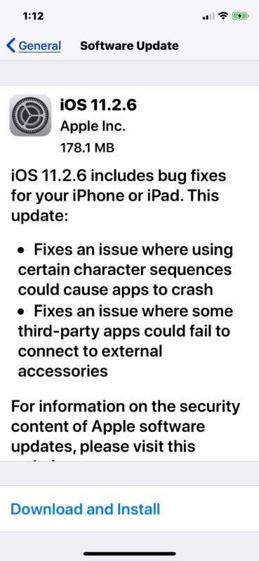 Aggiornamento del software iOS 11.2.6