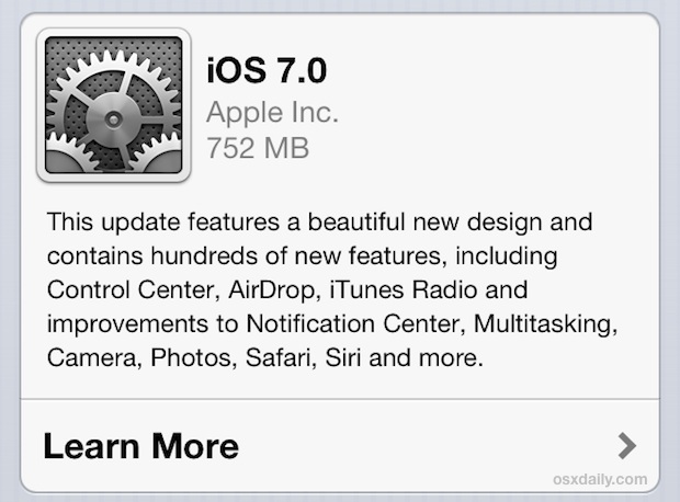 Aggiornamento iOS 7 disponibile ora tramite download OTA