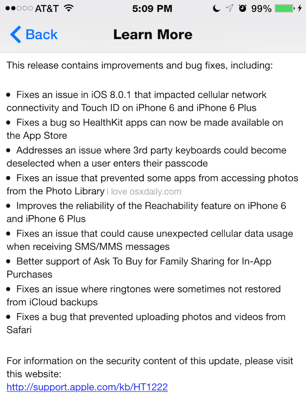 Note sulla versione di iOS 8.0.2