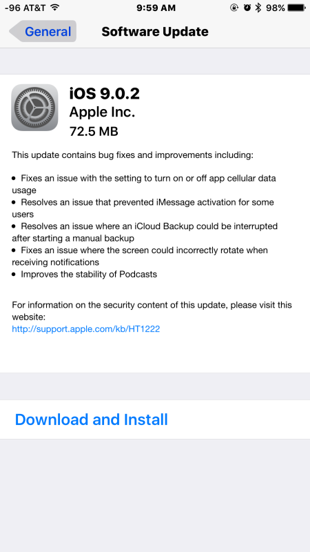 Download dell'aggiornamento iOS 9.0.2 disponibile