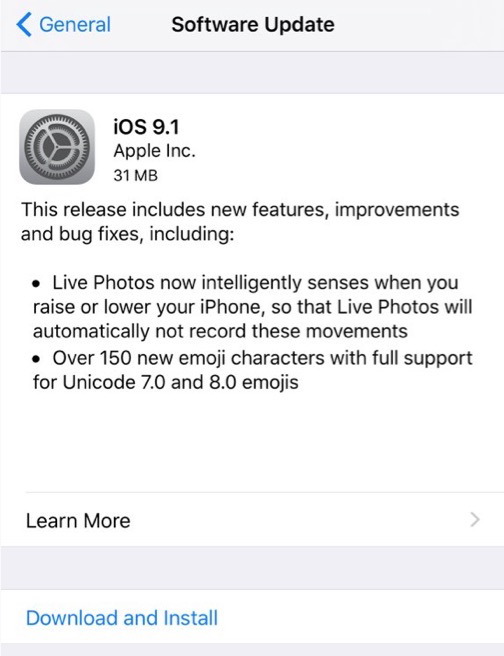 Download dell'aggiornamento iOS 9.1