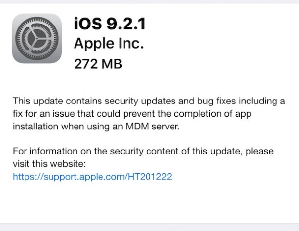 Aggiornamento iOS 9.2.1