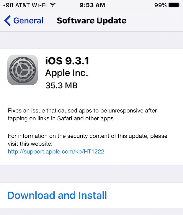 Installazione dell'aggiornamento iOS 9.3.1