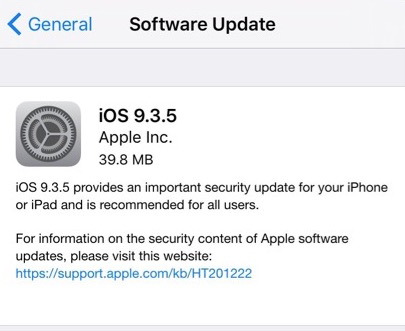 Aggiornamento iOS 9.3.5