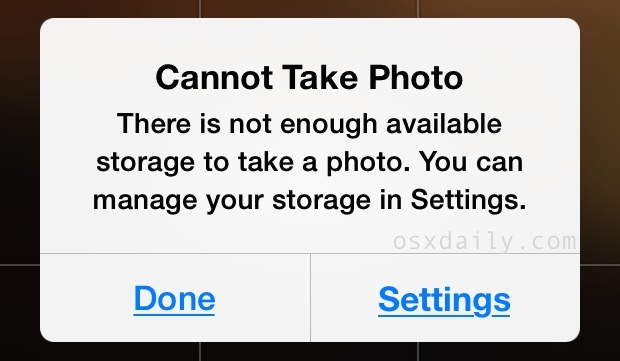 Can not Take Photo - messaggio di errore di archiviazione disponibile insufficiente su iPhone