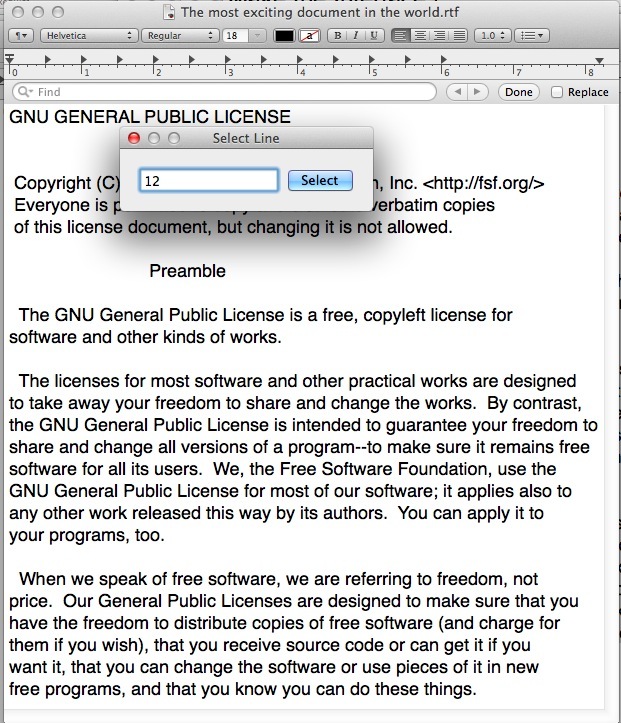 Seleziona un numero di riga nei documenti di TextEdit per Mac OS X