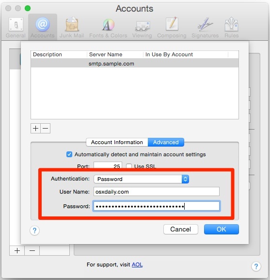 Imposta manualmente la password di posta in uscita e accedi all'app Mail per Mac OS X