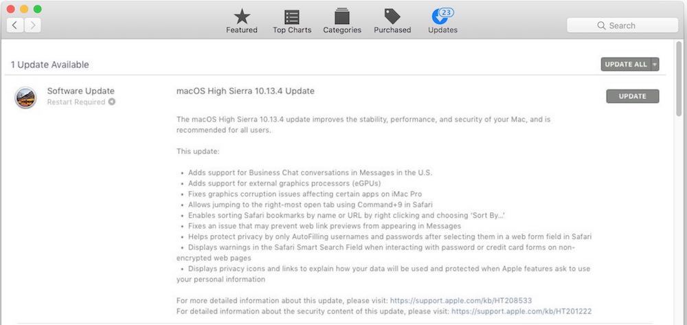 Aggiornamento MacOS High Sierra 10.13.4
