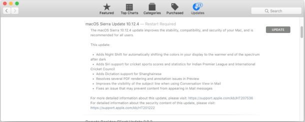 Download dell'aggiornamento per Mac OS Sierra 10.12.4