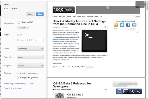 Finestra di stampa personalizzata di Chrome in Mac OS X