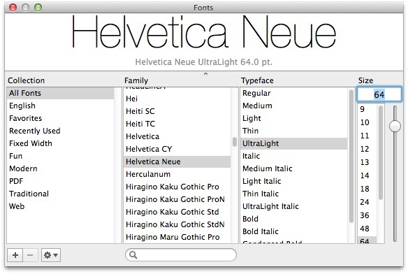 Carattere di sistema Helvetica Neue nel browser dei caratteri di Mac OS X
