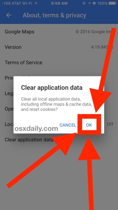 Conferma per eliminare la cache dell'app di Google Maps e i dati dell'app