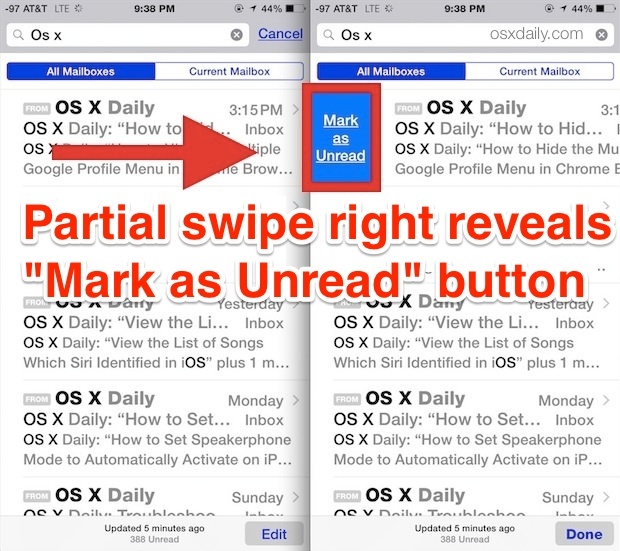 Scorrimento parziale rivela Segna come pulsante non letto in iOS Mail