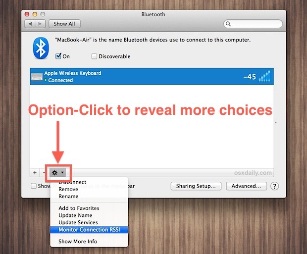 Mostra l'opzione di monitoraggio della connessione Bluetooth in OS X
