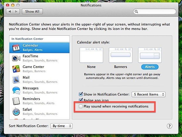 Suoni di avviso di Mute Notification Center in OS X