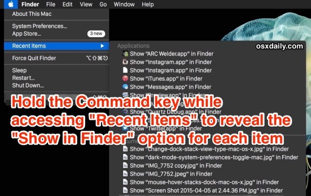 Tieni premuto il tasto Comando mentre selezioni un'opzione del menu Elementi recenti per saltare ad esso nel Finder di OS X