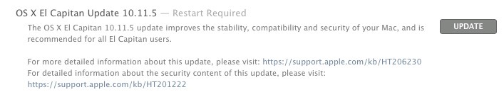 Aggiornamento OS X 10.11.5 su Mac App Store