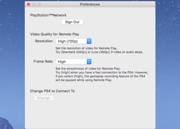Impostazioni di riproduzione remota PS4 su Mac