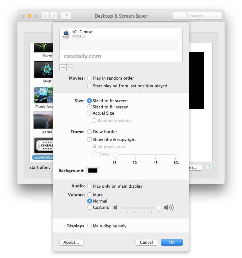 Video SaveHollywood che gioca come opzioni per lo screen saver in Mac OS X.