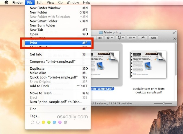 Stampa un file dal desktop di Mac OS X.