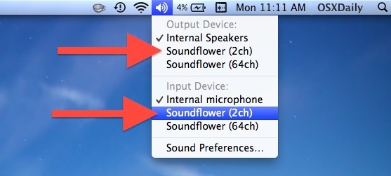 Cambia Audio Input and Output dal menu Volume in Mac OS X.