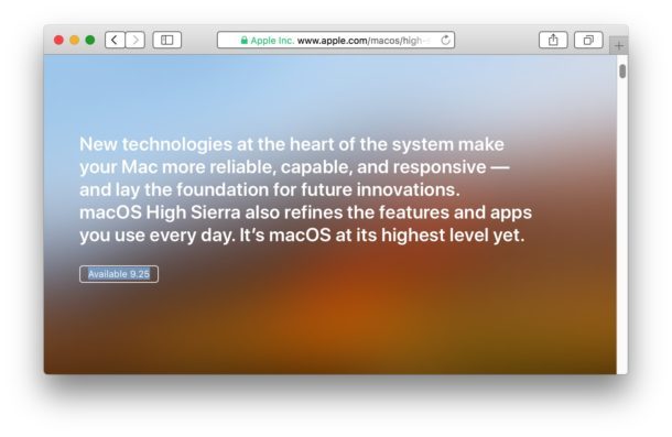 Data di rilascio di MacOS High Sierra vista sulla pagina Web di Apple
