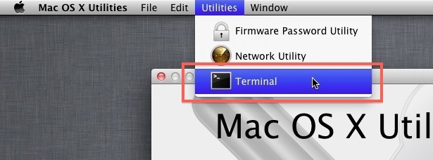 Avvia terminale dal menu di ripristino di Mac OS X.